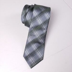 Calvin Klein Men's Necktie Gray Green Plaid Check Modern Professional Business